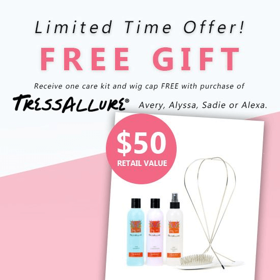 How To Attract New Clients As A Med Spa — 7 Tips That Actually Work 2 Promotional graphic offering a limited-time free gift with a $50 retail value from tressallure, including a wig care kit—an example of an incentive-based strategy med spas can replicate when learning how to attract new clients using added value offers.