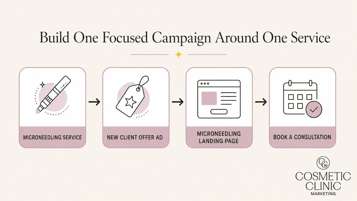 Promote one treatment at a time graphic showing campaign focus for med spas